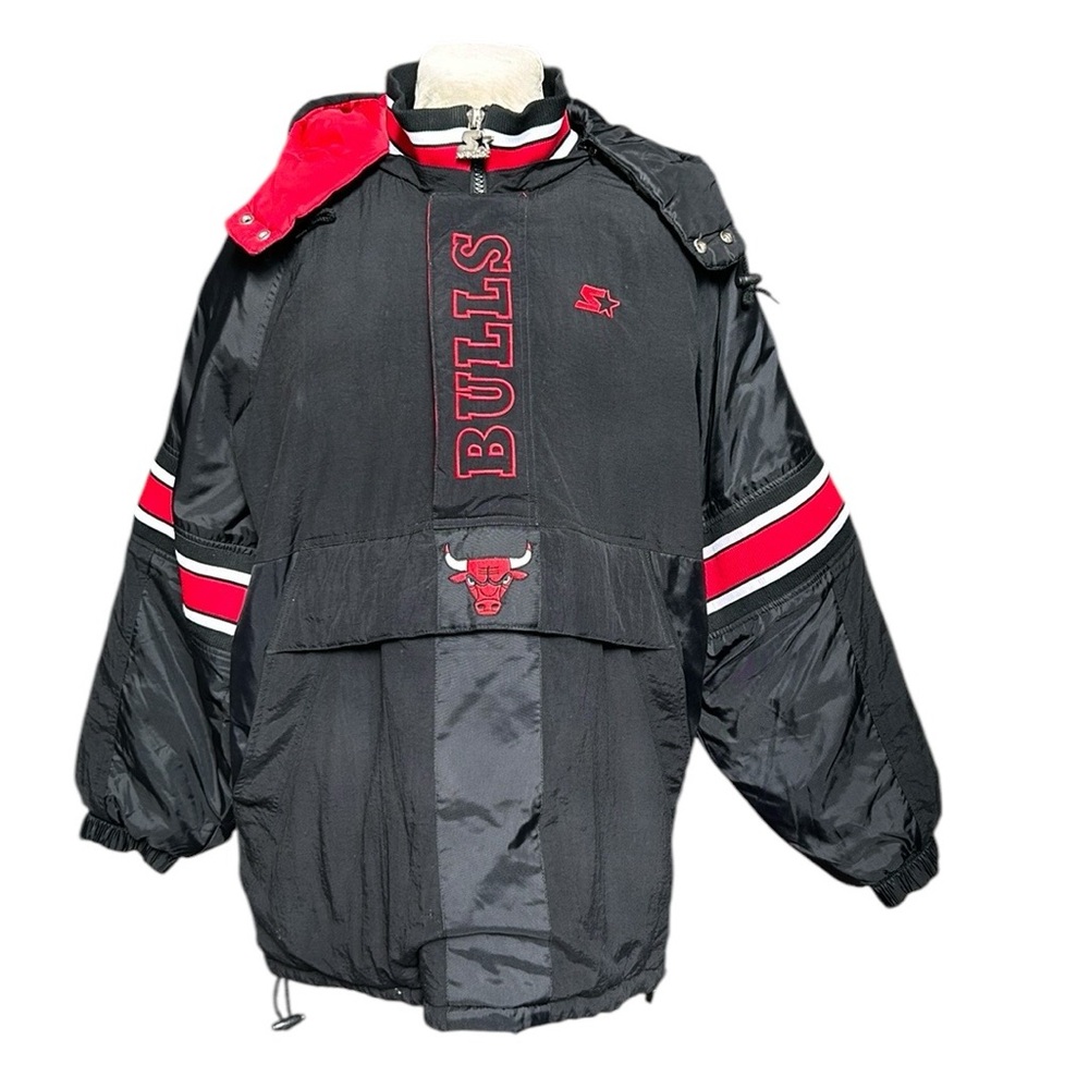 Vintage Chicago Bulls Starter Jacket Pullover Detachable Hood Black/Red XL